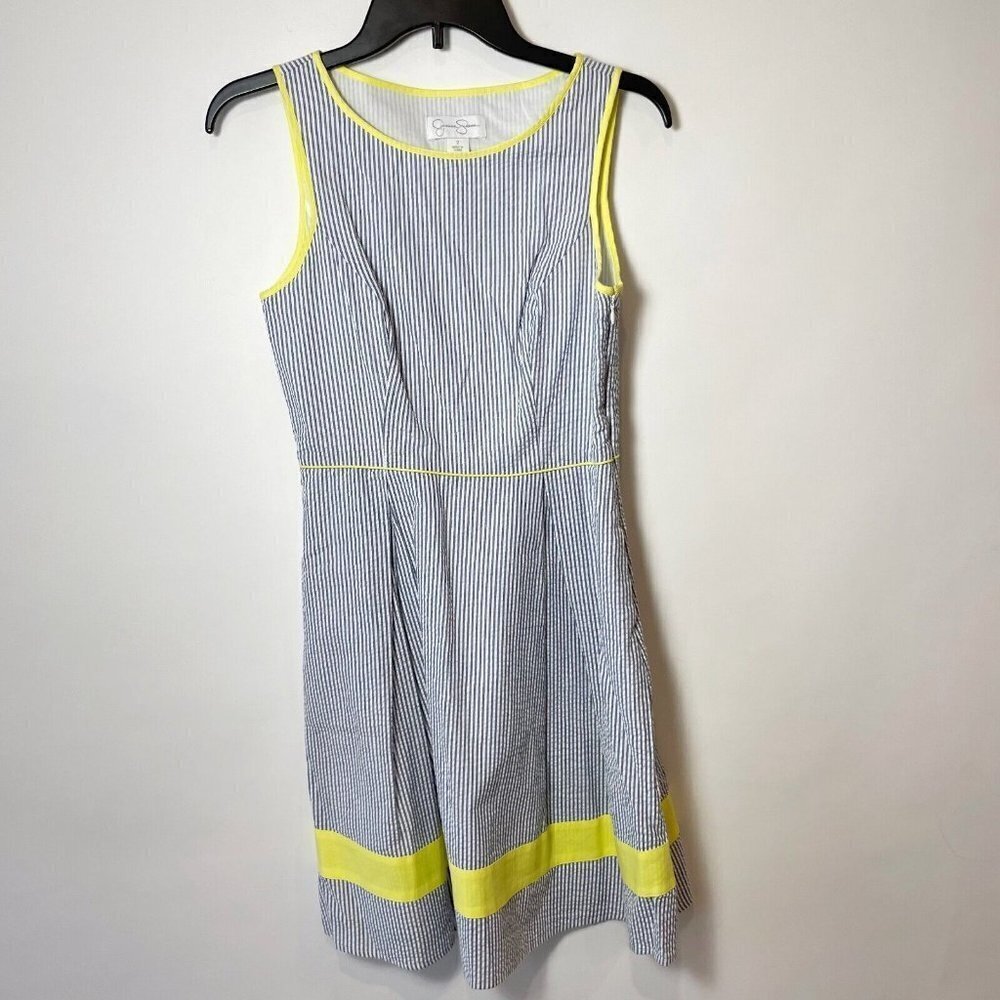 Jessica Simpson Womens Sleeveless Striped A-line Dress Blue 2 Pleated Round Neck
